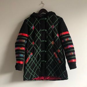 Vintage quilted, silk puffer jacket with hood, size L GUC